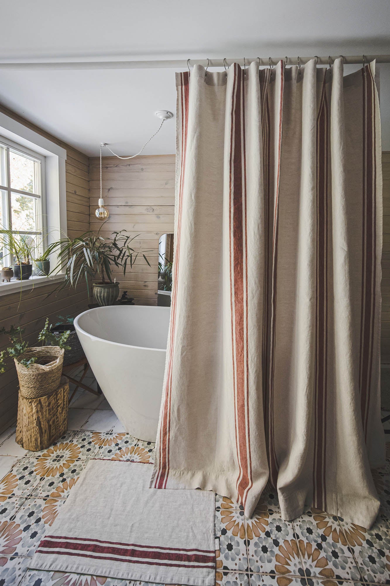French style linen shower curtain with cherry red stripes