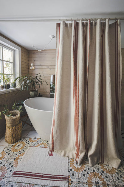 French style linen shower curtain with cherry red stripes