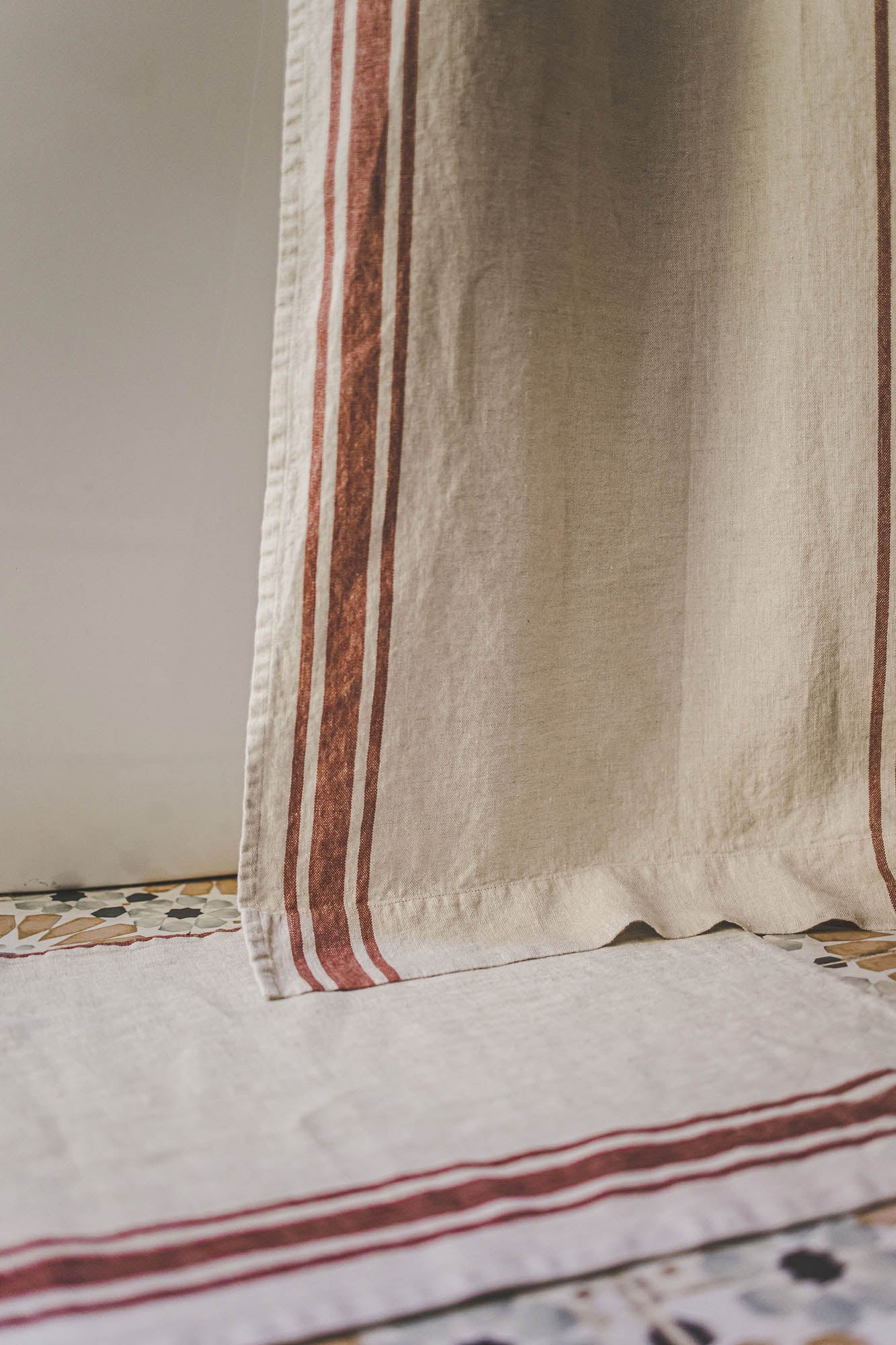 French style linen shower curtain with cherry red stripes
