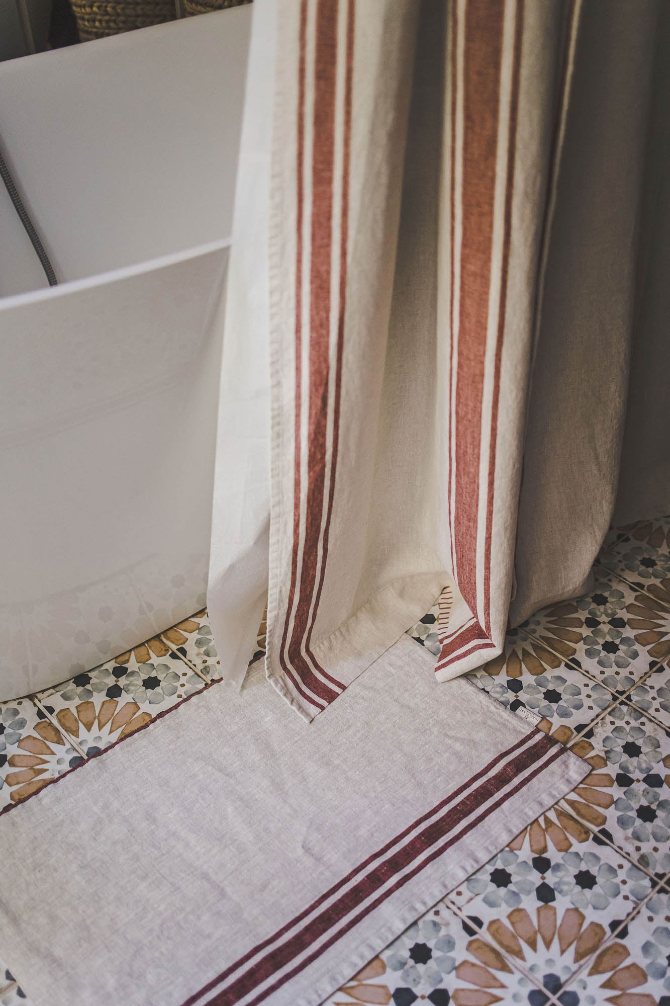 French style linen shower curtain with cherry red stripes