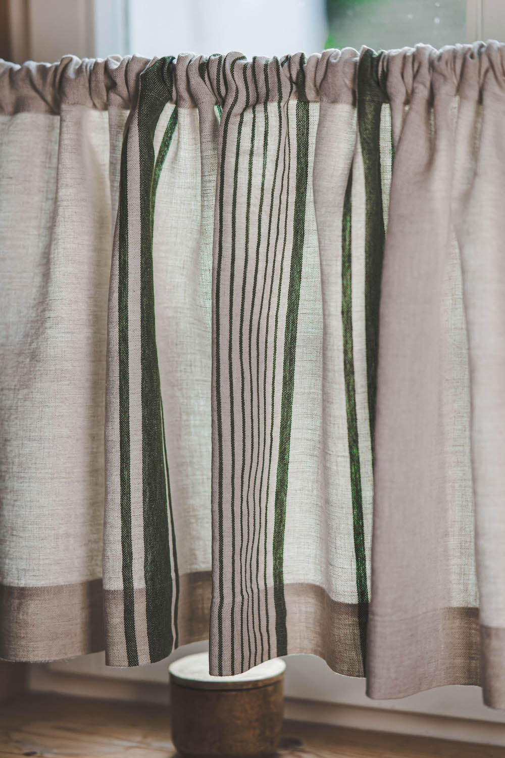 French style linen cafe curtain with classic green stripes