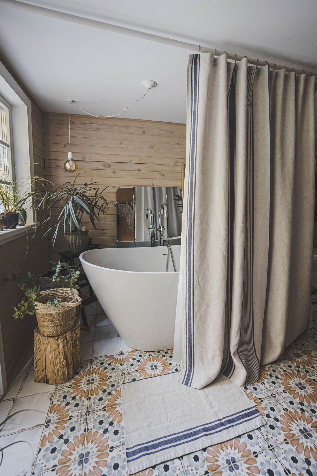 French style linen shower curtain with blue stripes