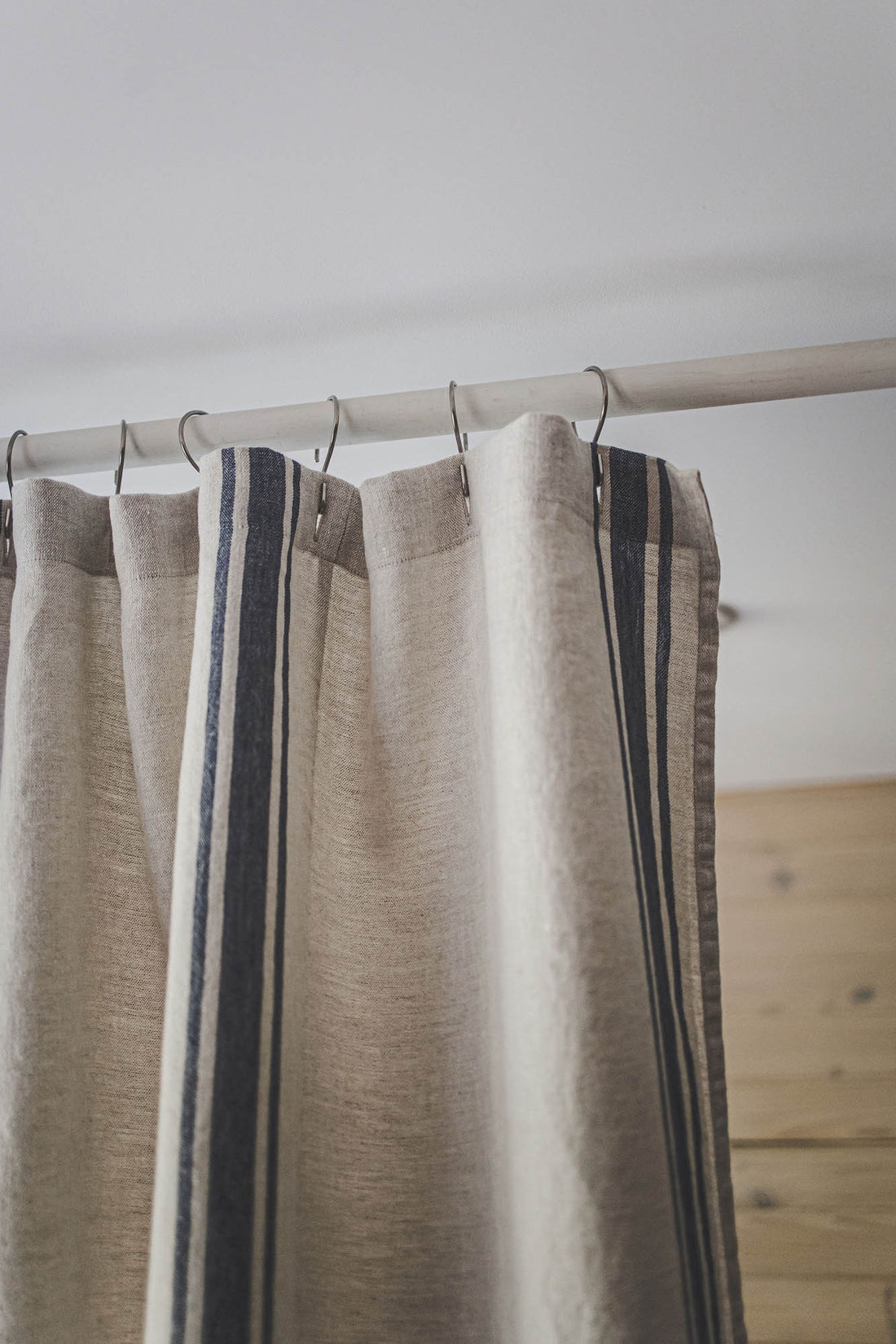 French style linen shower curtain with blue stripes