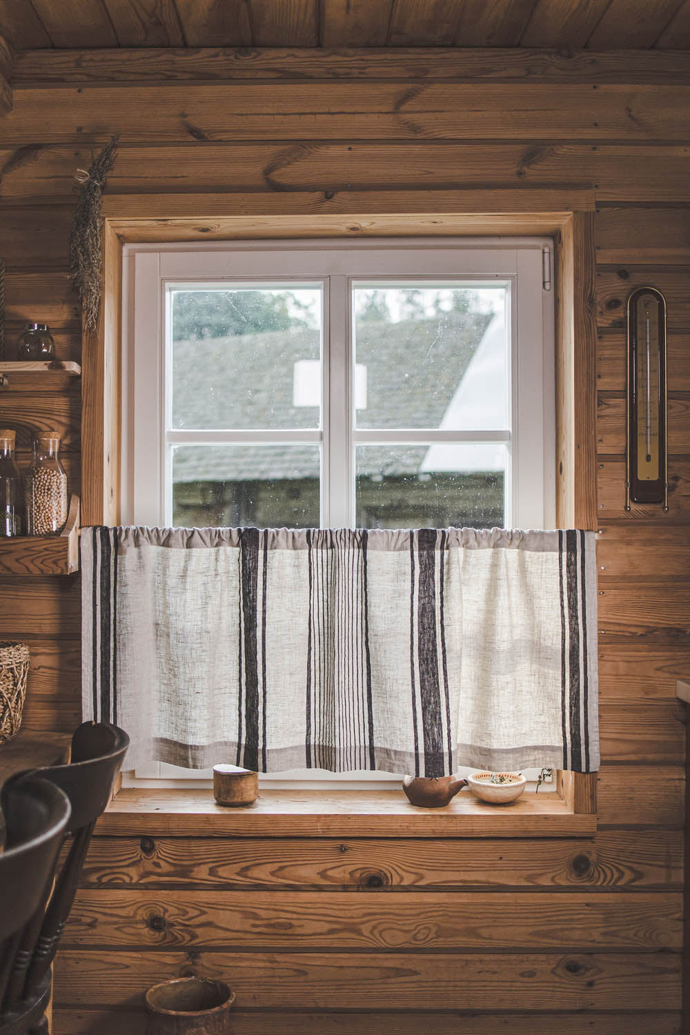 French style linen cafe curtain with classic black stripes