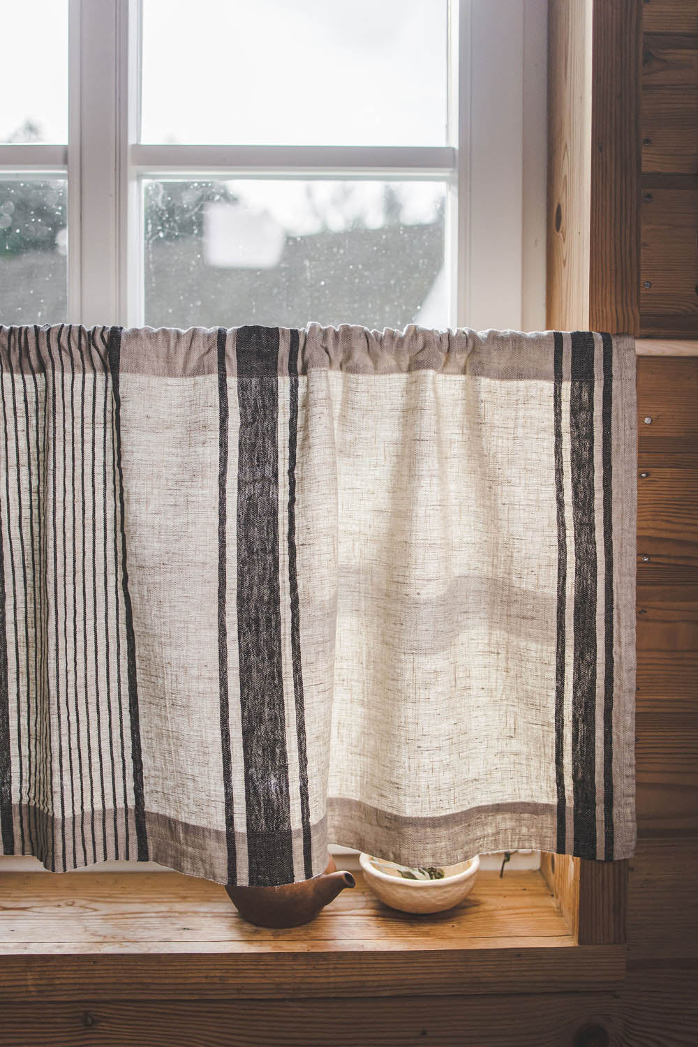 French style linen cafe curtain with classic black stripes