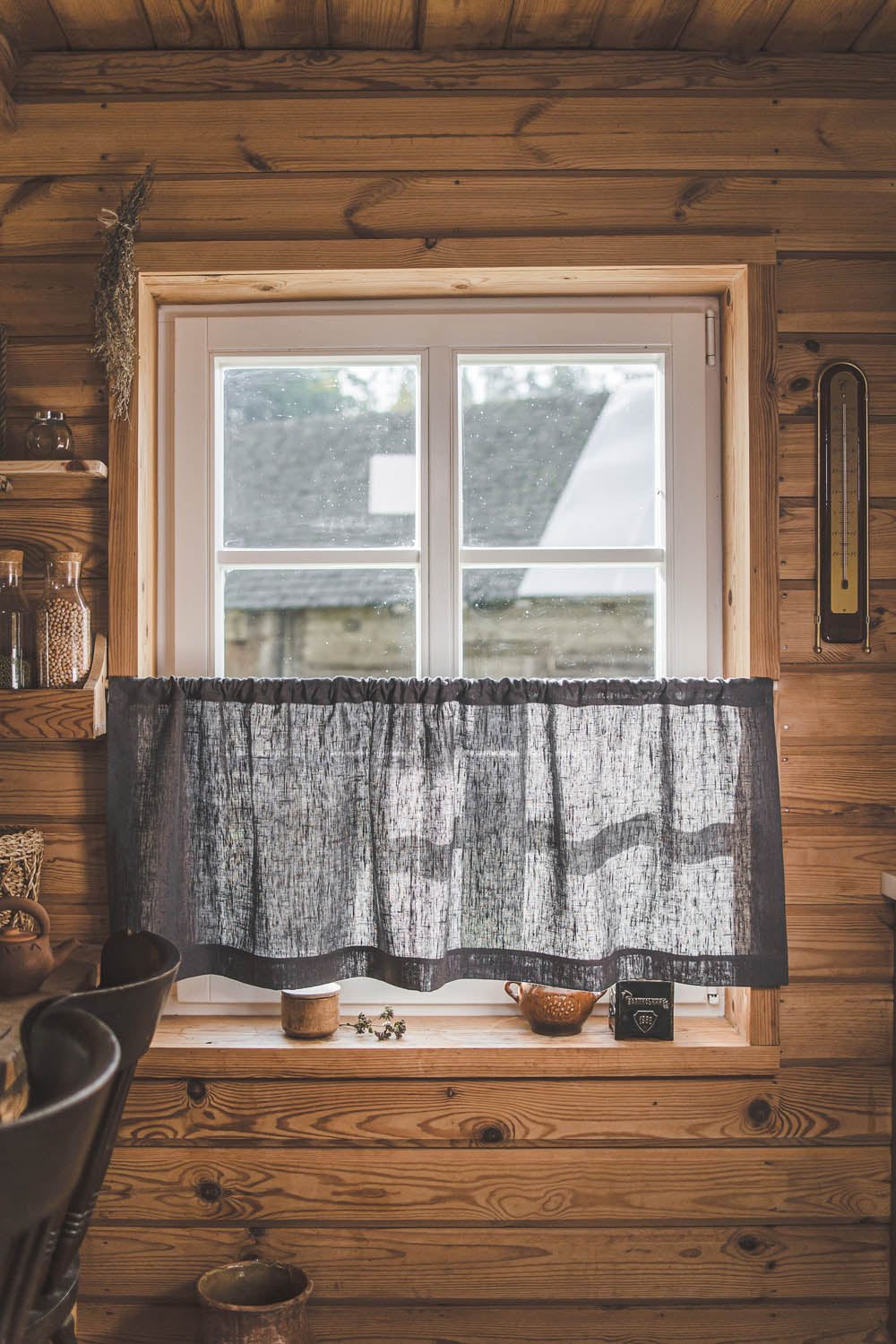 Heavyweight charcoal gray linen cafe curtain