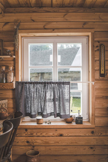 Heavyweight charcoal gray linen cafe curtain
