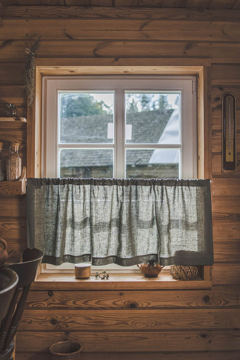 Gray green linen cafe curtain