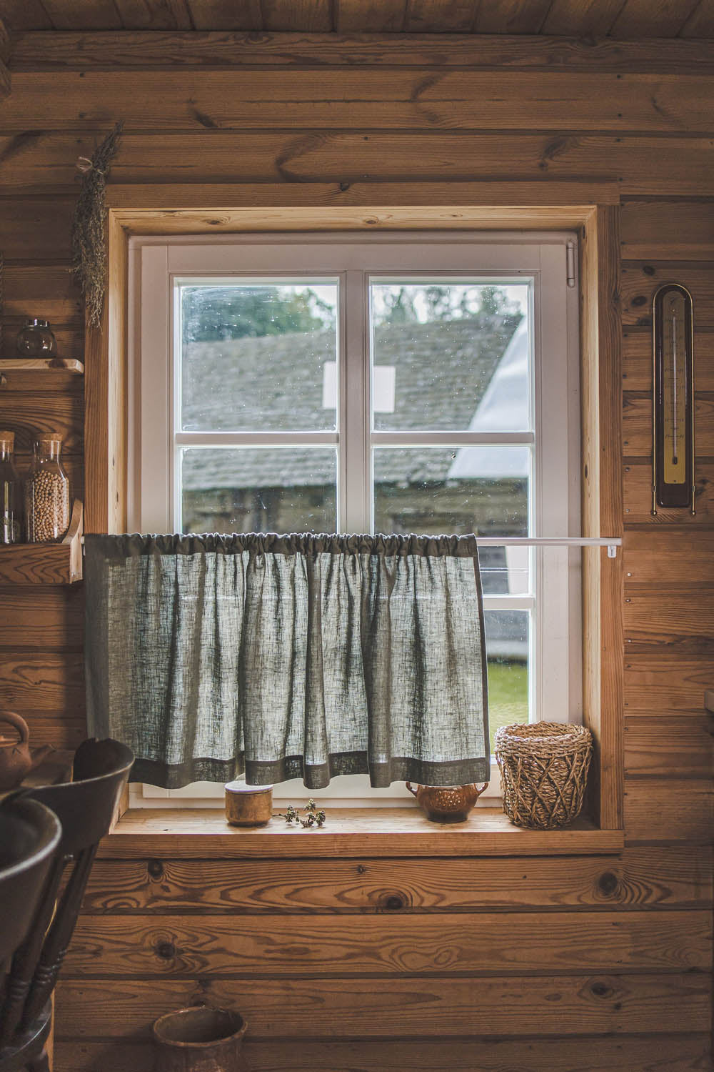 Gray green linen cafe curtain