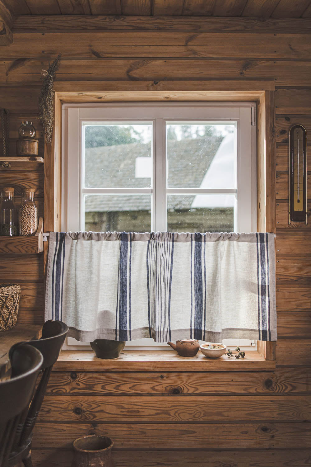 French style linen cafe curtain with classic blue stripes