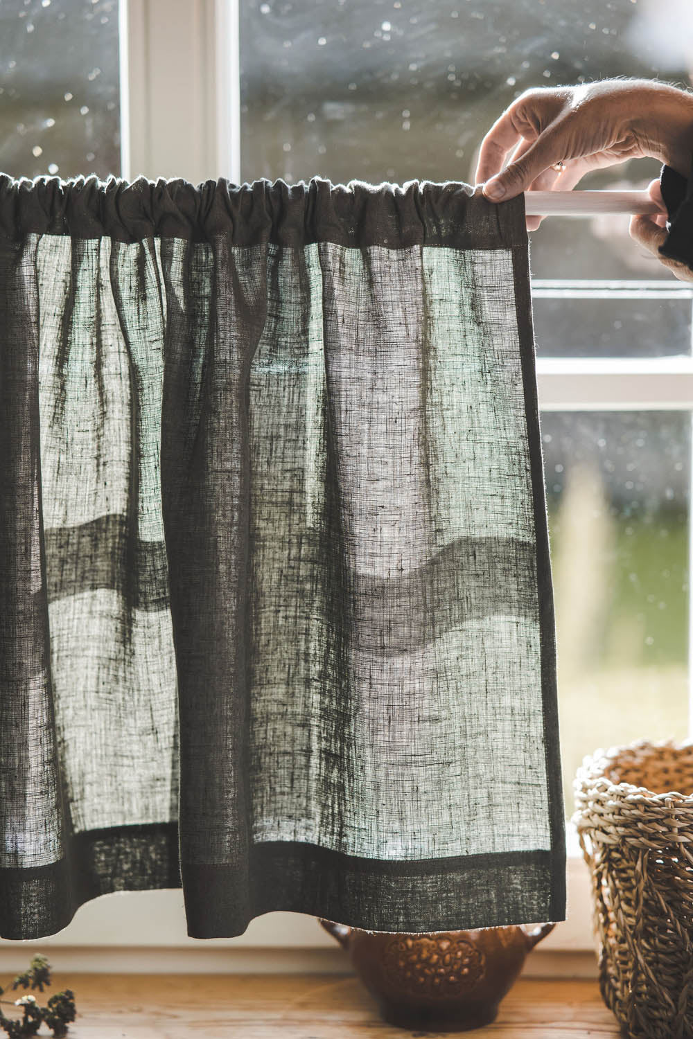 Gray green linen cafe curtain