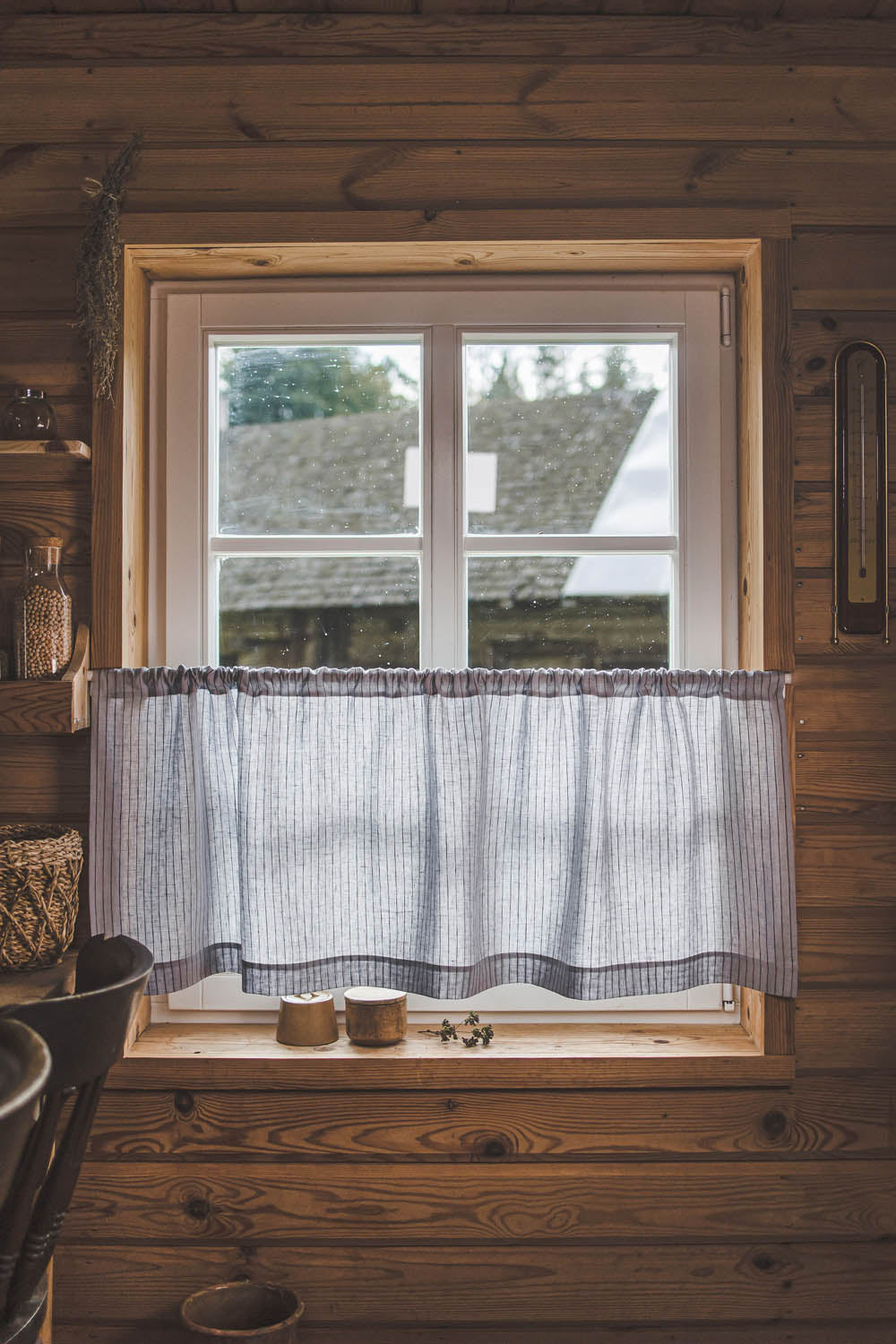 Grey with black stripes linen cafe curtain