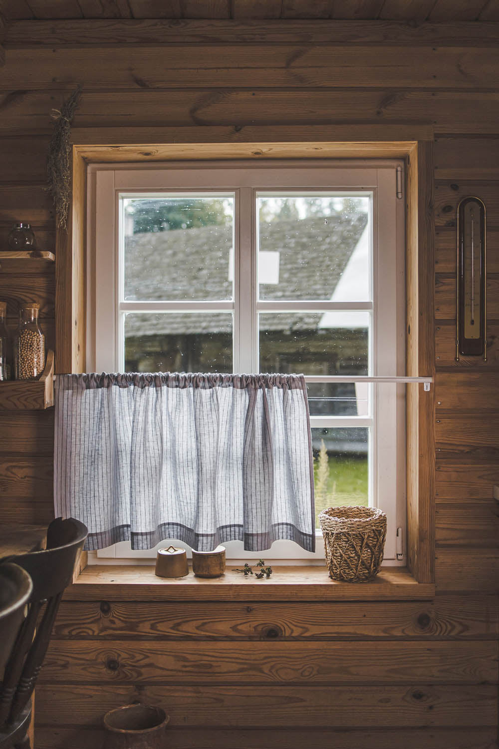 Grey with black stripes linen cafe curtain