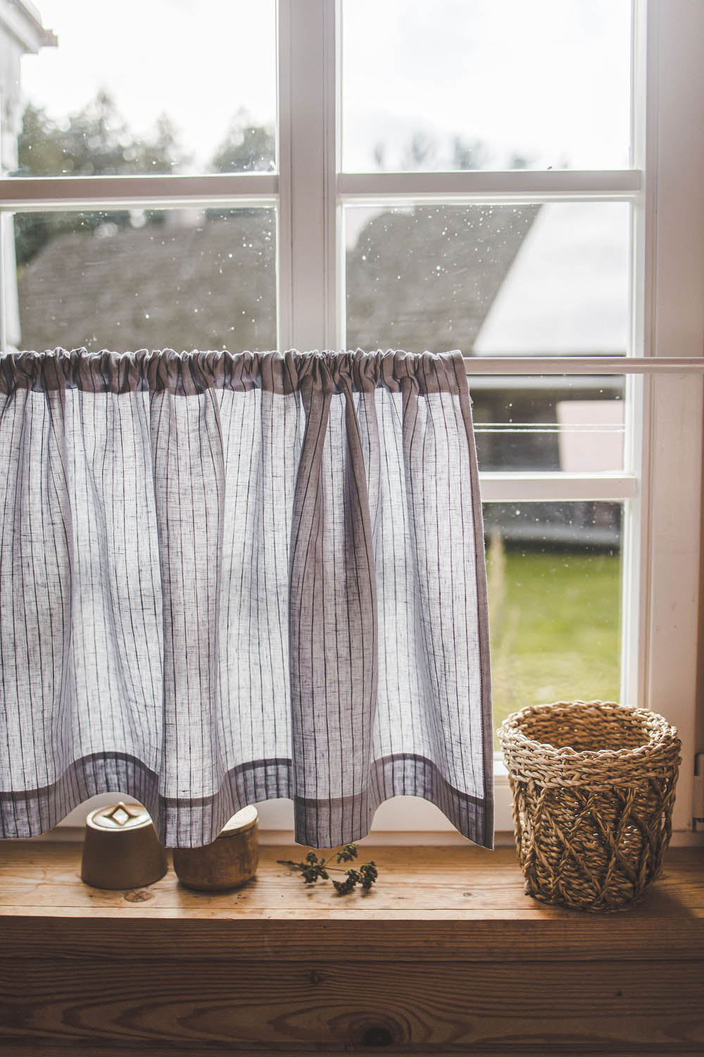 Grey with black stripes linen cafe curtain