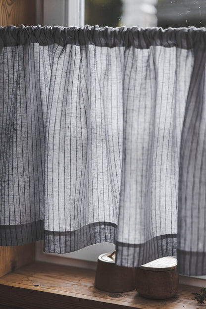 Grey with black stripes linen cafe curtain