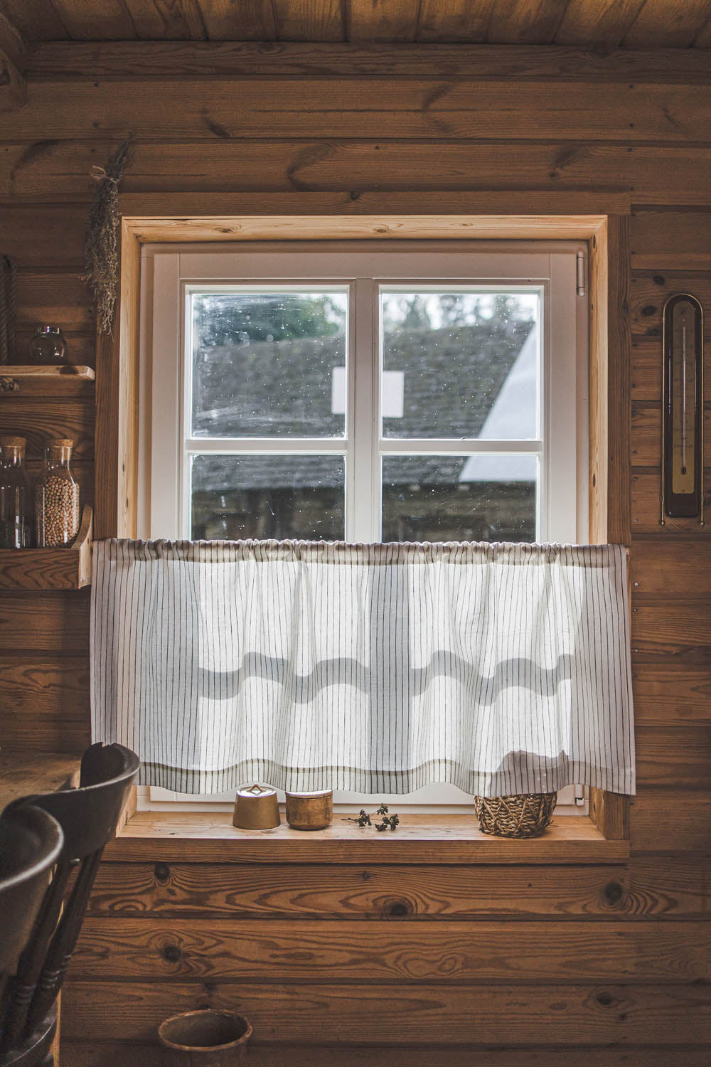 White with black stripes linen cafe curtain