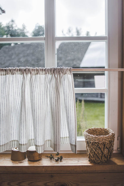 White with black stripes linen cafe curtain