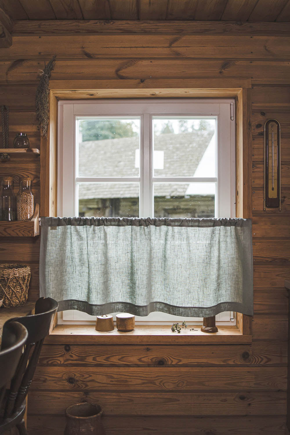 Frosty green linen cafe curtain