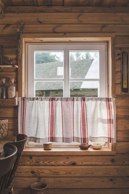 French style linen cafe curtain with classic cherry red stripes