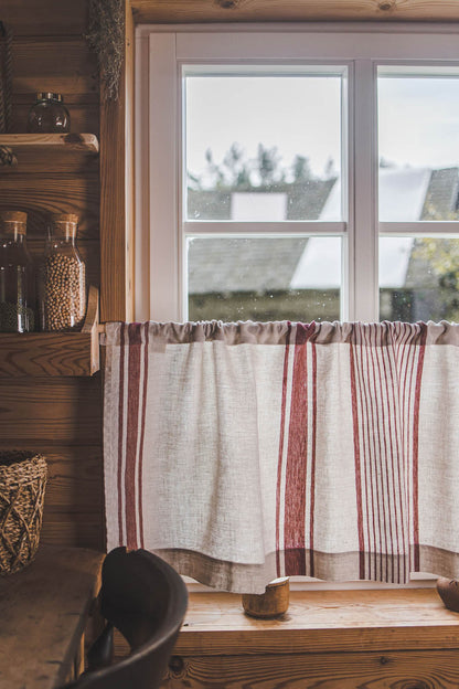 French style linen cafe curtain with classic cherry red stripes