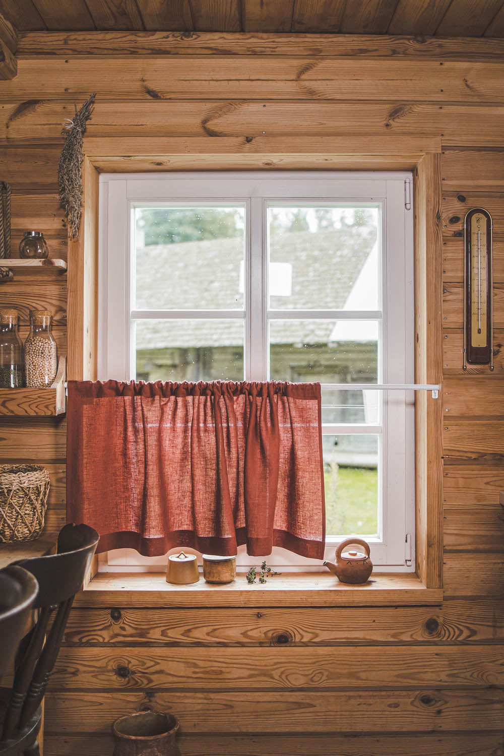 Burnt orange linen cafe curtain