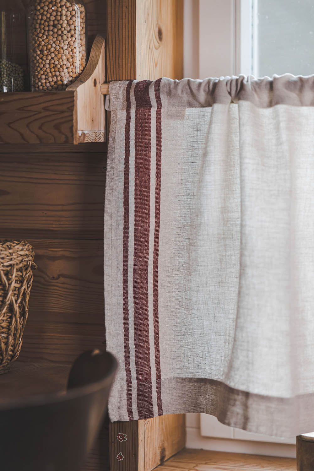 French style linen cafe curtain with classic cherry red stripes