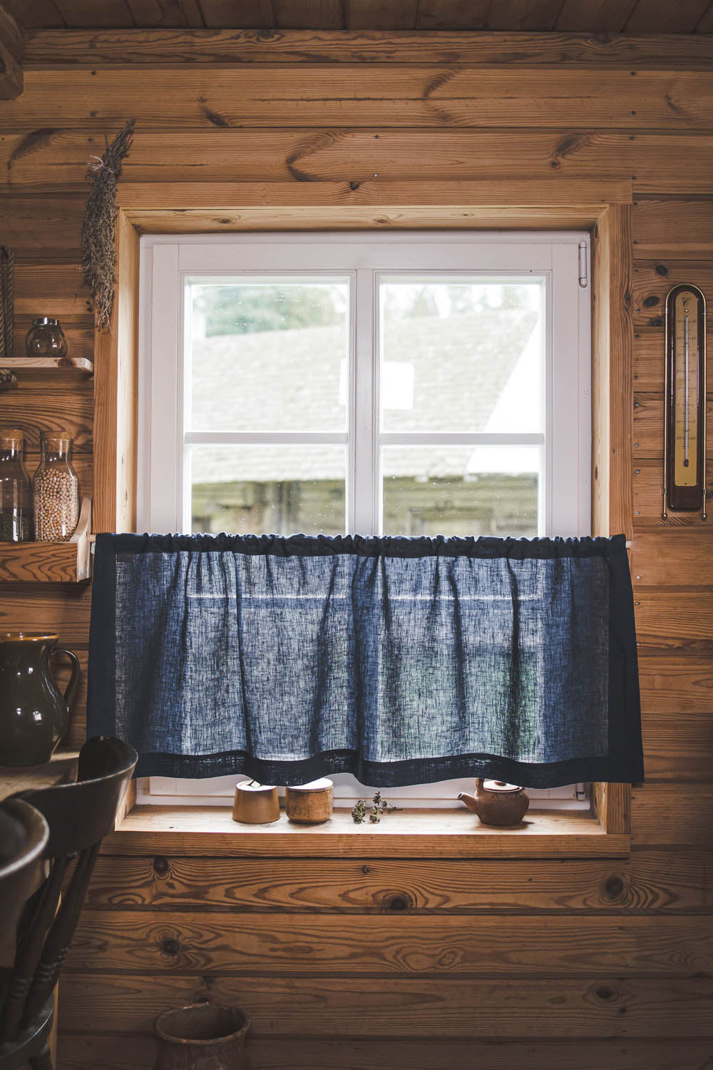 Midnight blue linen cafe curtain