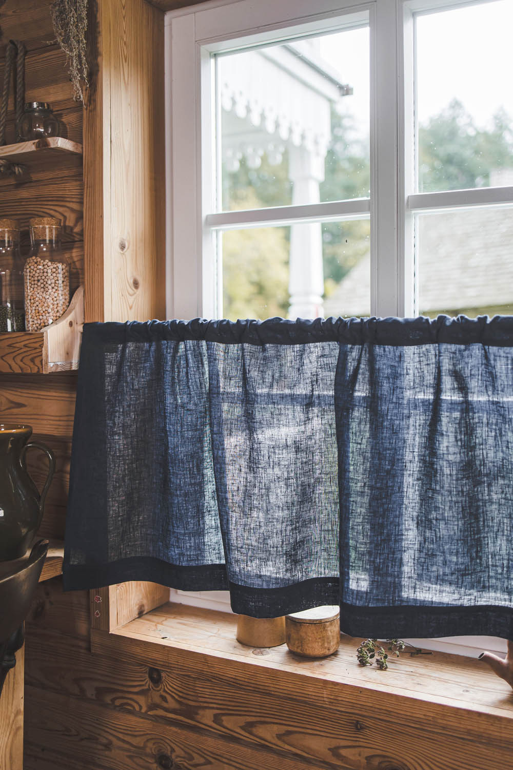 Midnight blue linen cafe curtain
