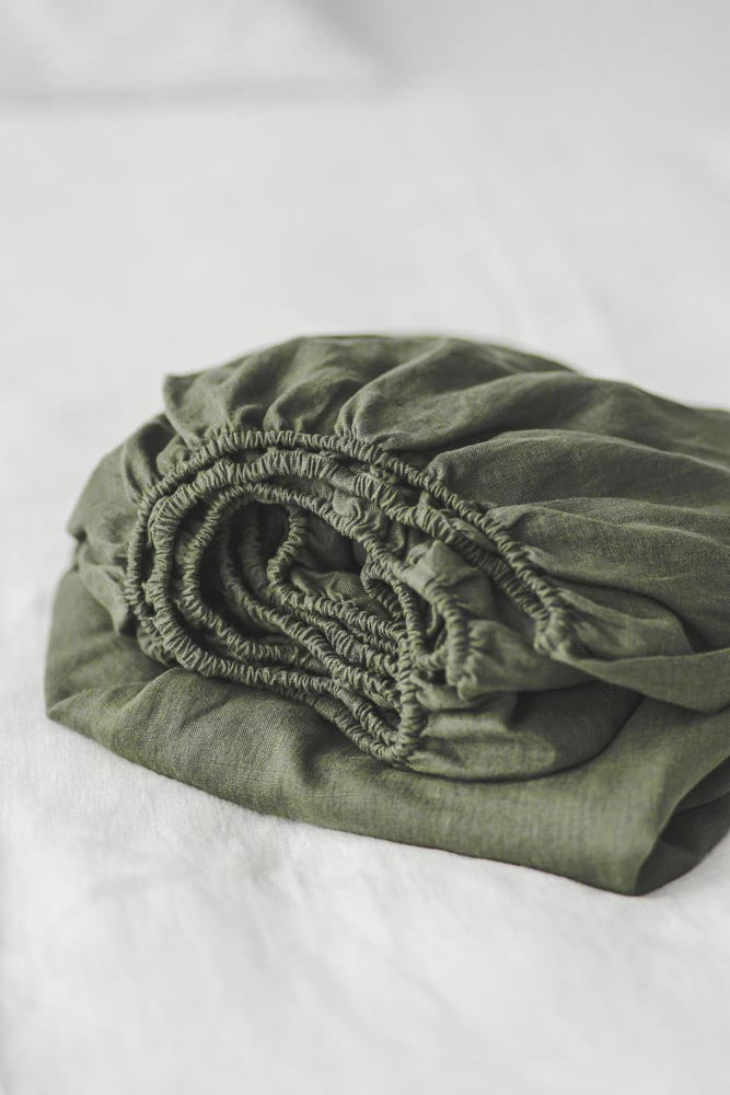 Forest green linen fitted sheet