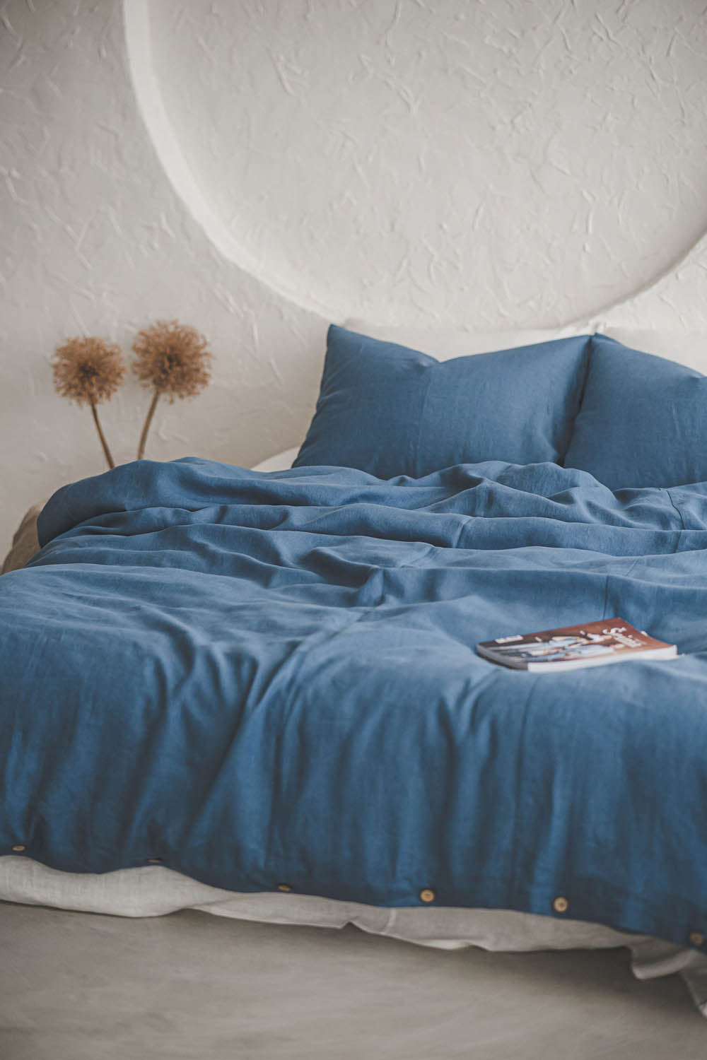 Cornflower blue linen duvet cover with buttons