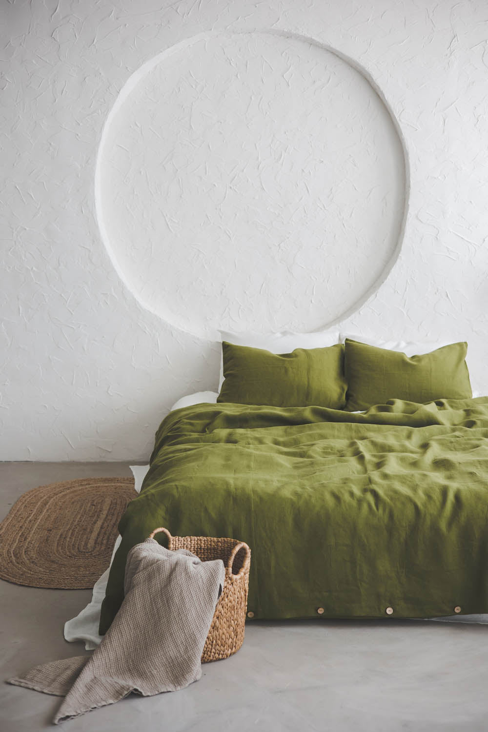 Moss green linen duvet cover with buttons