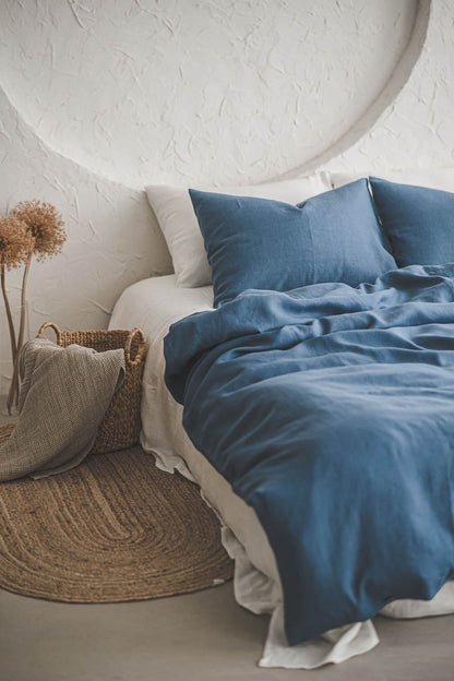 Cornflower blue linen duvet cover with buttons