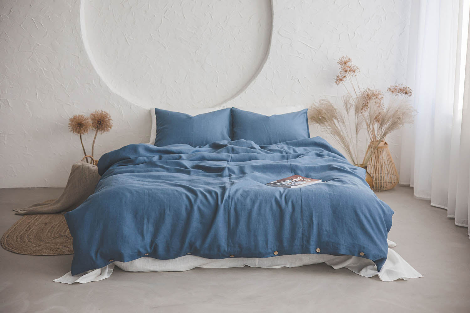 Cornflower blue linen duvet cover with buttons