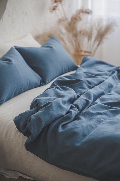 Cornflower blue linen duvet cover with buttons