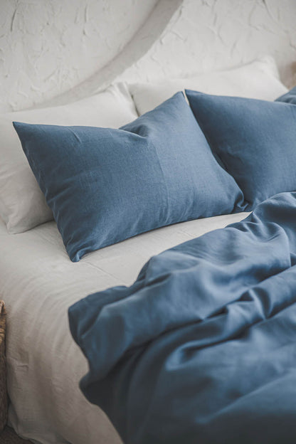 Cornflower blue linen duvet cover with buttons