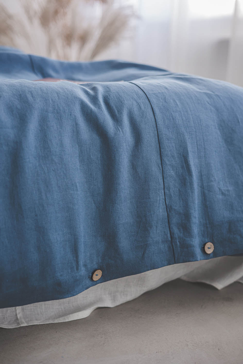 Cornflower blue linen duvet cover with buttons