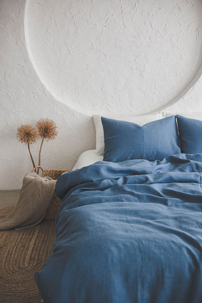 Cornflower blue linen duvet cover with buttons