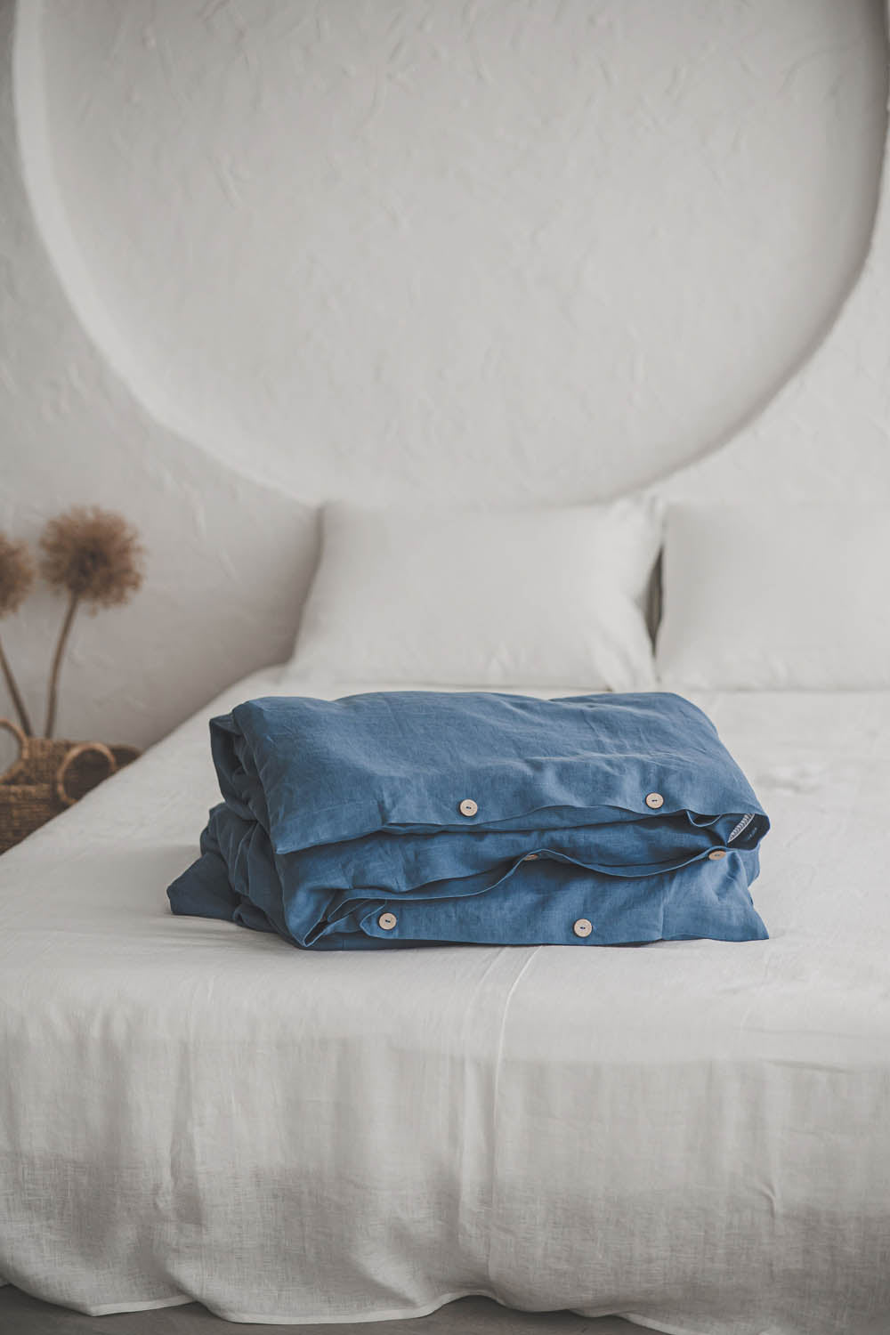 Cornflower blue linen duvet cover with buttons