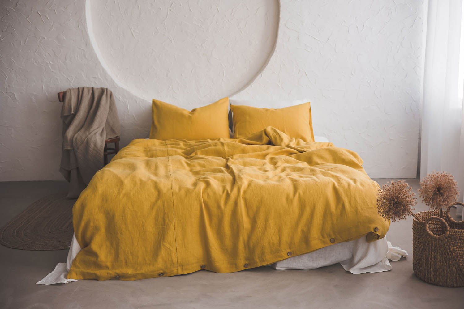 Mimosa yellow linen duvet cover with buttons