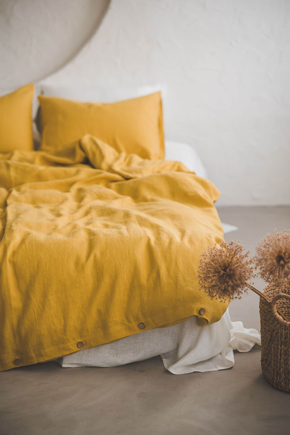 Mimosa yellow linen duvet cover with buttons