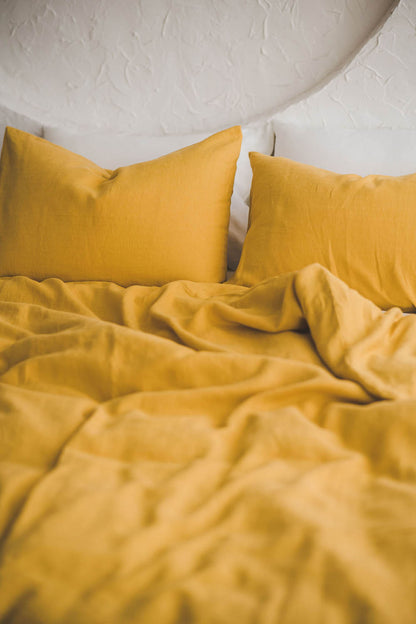 Mimosa yellow linen duvet cover with buttons