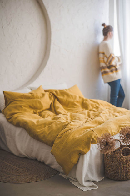 Mimosa yellow linen duvet cover with buttons