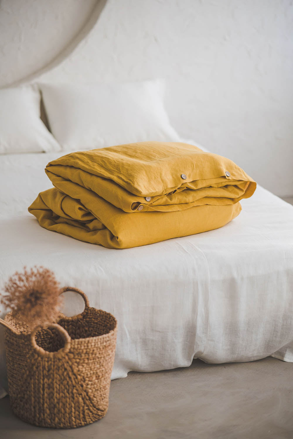 Mimosa yellow linen duvet cover with buttons