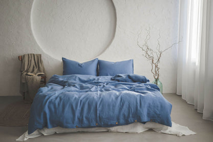 Denim blue linen duvet cover with buttons