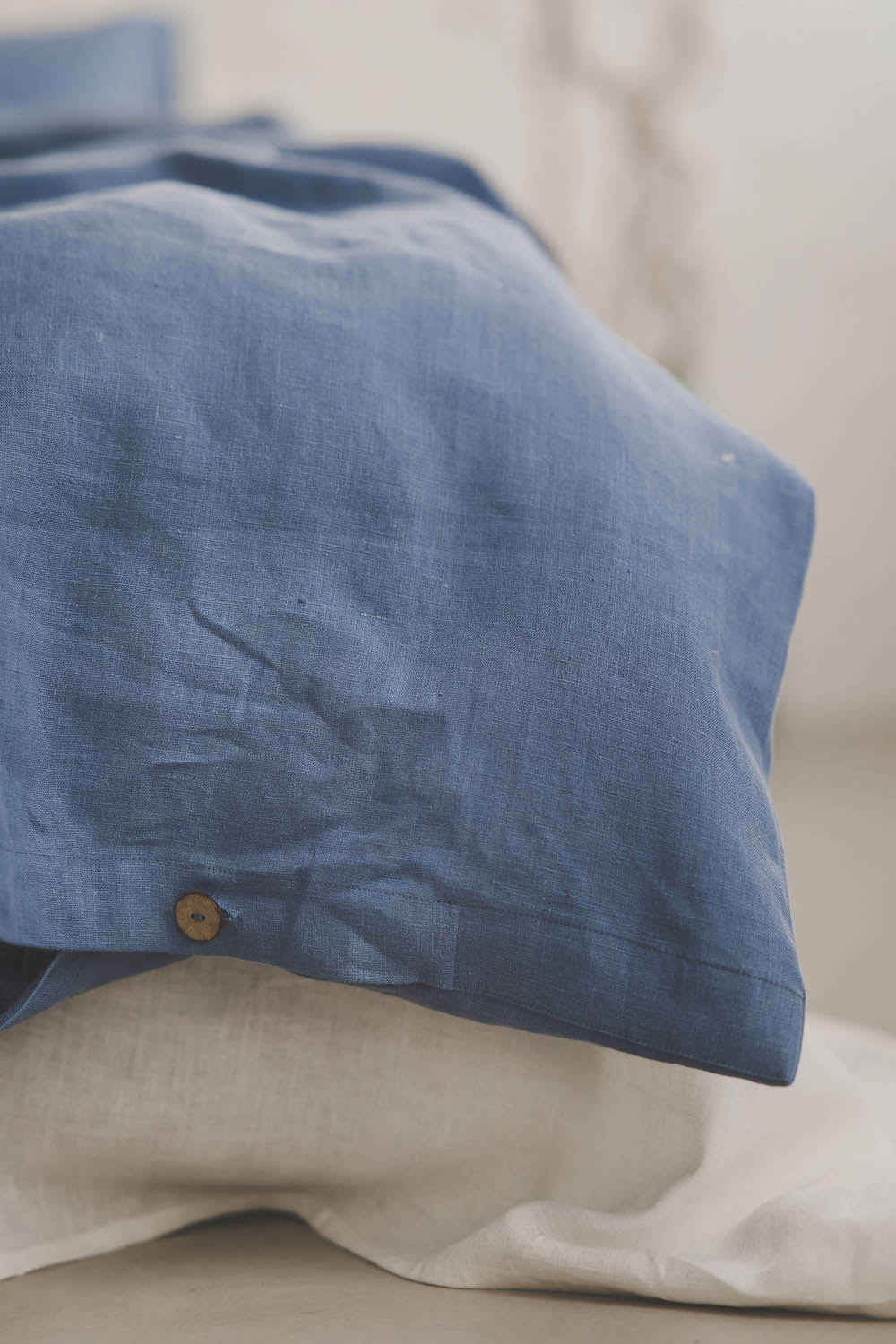 Denim blue linen duvet cover with buttons