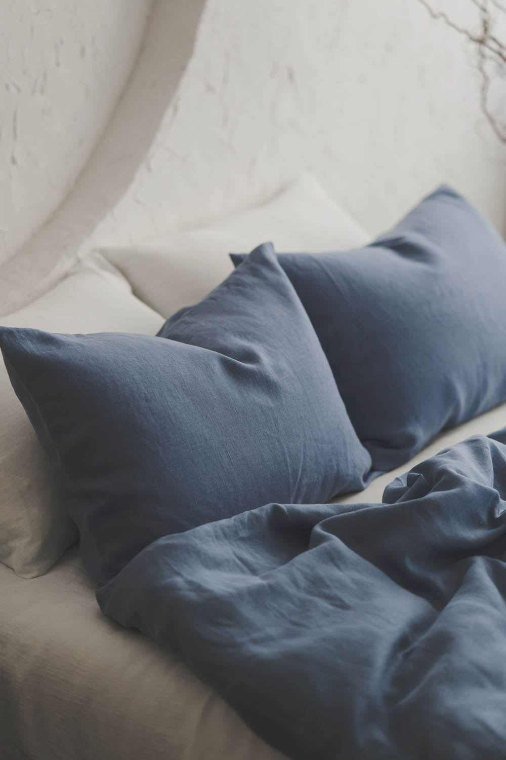 Denim blue linen duvet cover with buttons