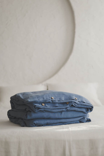 Denim blue linen duvet cover with buttons