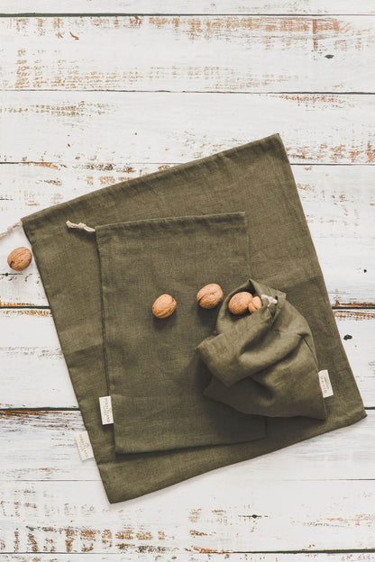 Forest green linen bread bag