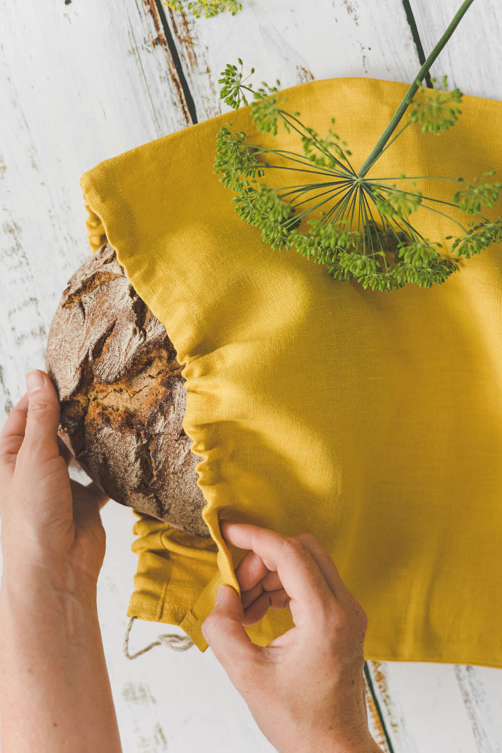 Mimosa yellow linen bread bag