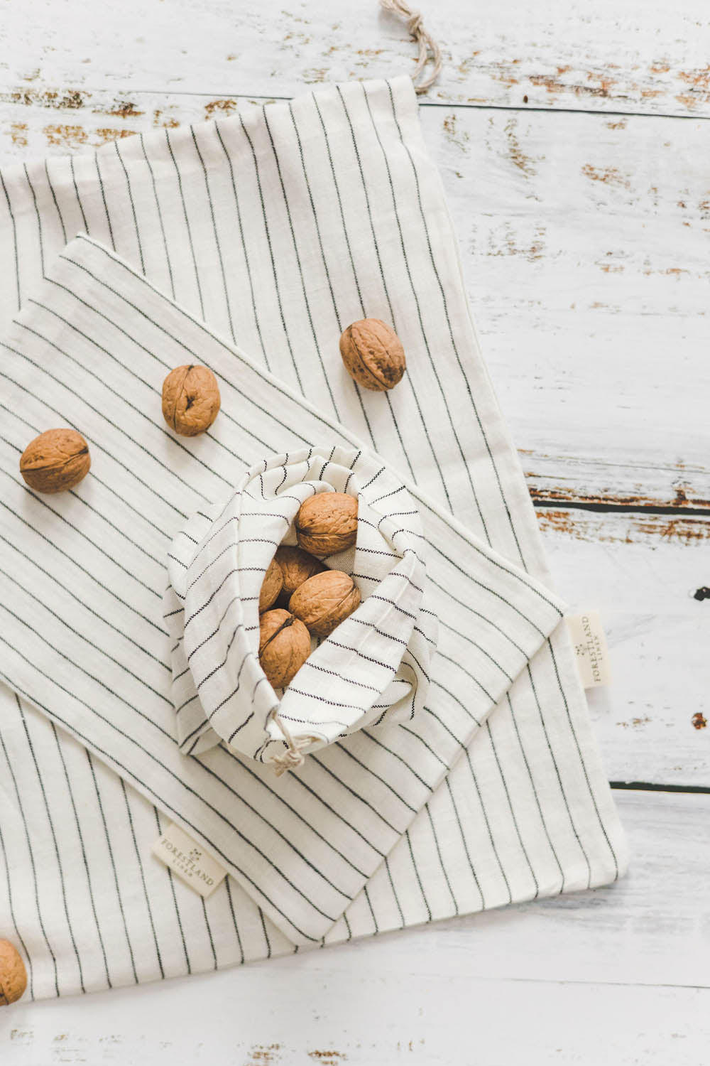 White linen bread bag with black stripes